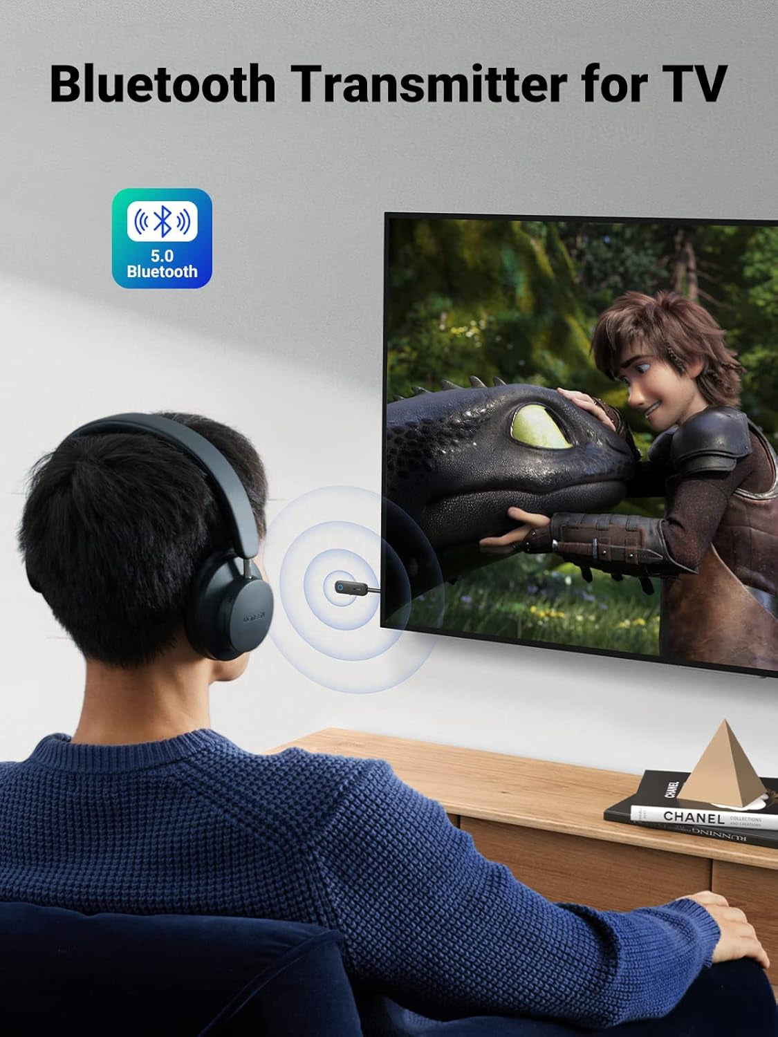 Bluetooth 5.0 Transmitter and Receiver for Car TV Airplane, 2 in 1 Wireless 3.5Mm Bluetooth Aux Adapter, Dual Devices Paired, Compatible with Car TV Airplane Home Stereo Headphones and More